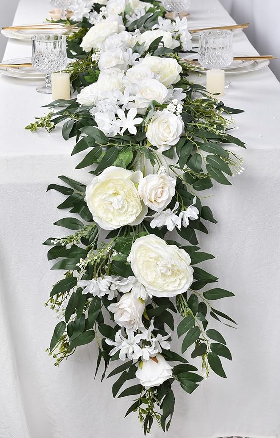 Lvydec 2 Pack Artificial Peony Flower Garland - 6ft Silk Peony Vine Willow Leaves Garland White Arch Flower Vine for Wedding Party Table Decoration (White)