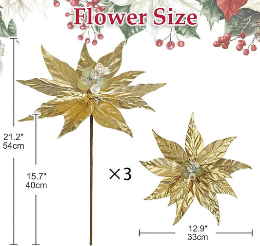 DILATATA 3 Pcs Artificial Christmas Flowers 13 Inch Glitter Poinsettia Picks Christmas Tree Ornaments Topper Decorations Gold Poinsettias Flowers for Xmas New Year Wreath Garland Wedding Home Decor