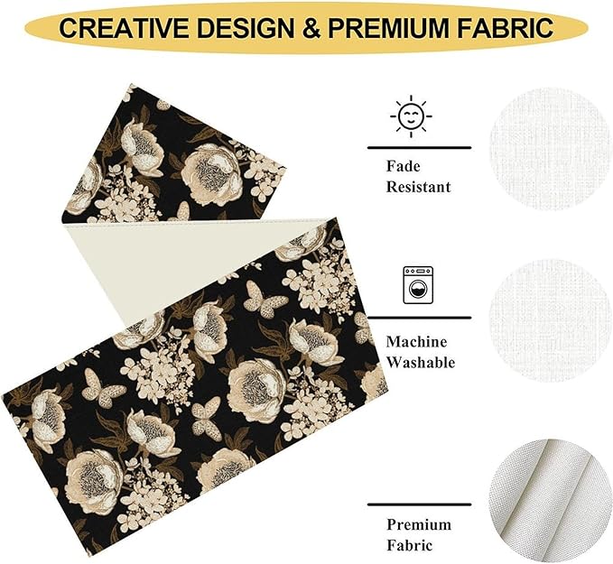 Boho Floral Table Runner, Retro Bohemian Abstract Flower Leaves Black Gothic Print Table Center Decor for Family Kitchen Table Decorations Indoor Outdoor 13x36 inch