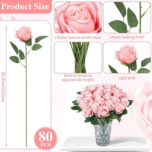 80 Pcs Roses Artificial Flowers, Silk Light Pink Artificial Flowers Petals Long Stem Roses for Wedding Bouquet Home Party Decor