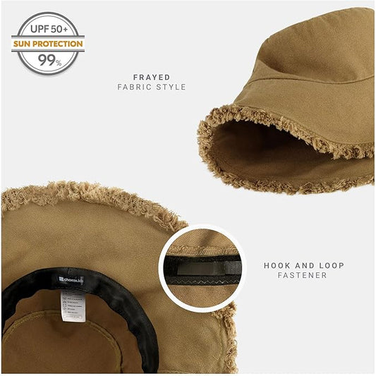 CHOK.LIDS Frayed Bucket Hats for Women Men Unisex Trendy Washed Cotton Floppy Wide Brim Boonie Outdoor Summer Beach Headwear