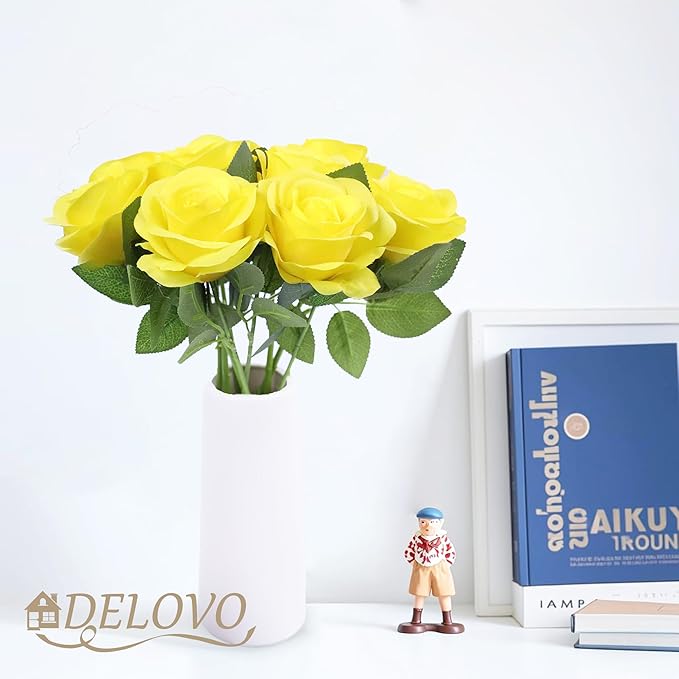 52pcs Yellow Roses Artificial Flowers Fake Flowers Silk Roses with Stems for DIY Wedding Bouquets Bridal Shower Centerpieces Arrangements Party Decorations