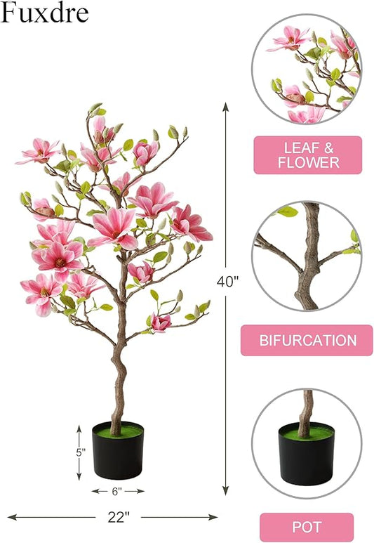 Artificial Magnolia Tree 40 inch, Artificial Flower Tree with Pot, Artificial Magnolia Flower is Realistic Real Touch, Flower Tree Home Decor for Living Room, Floor, Store and Hotel(Pink)