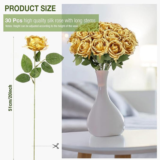 30 Pcs Rose Artificial Flowers in Bulk Real Touch Long Stem Silk Roses Bouquets Realistic Faux Flowers for Wedding Bridal Shower Home Decor Floral Arrangements Table Centerpiece(Gold)