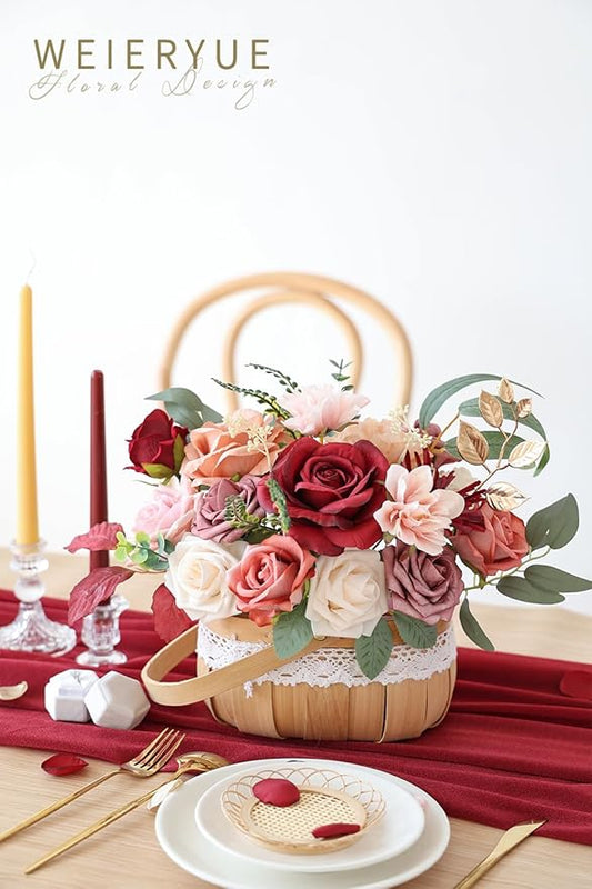 Artificial Flower Box Set Silk Fake Flowers DIY Center Cake Decoration Wedding Bouquet Corsage Home Decor Outdoor Decor Gift (Cream red)