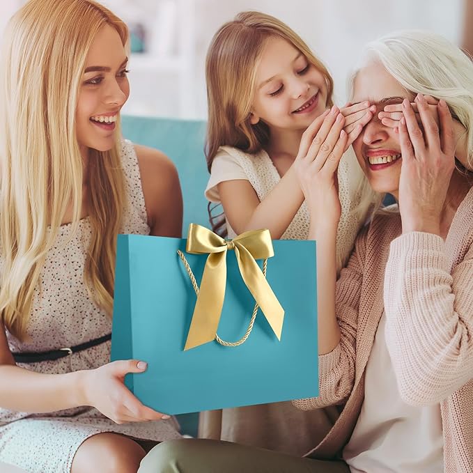JMANNI 1PCS Large Gift Bag with Ribbon and 1 Greeting Card 2 Tissue Papers, Portable Paper Gift Bag with Handles, Birthday Gift Bags,Present Bags for Wedding Party,Mothers Day12.6" x 9.8" x 3.9"(Bule