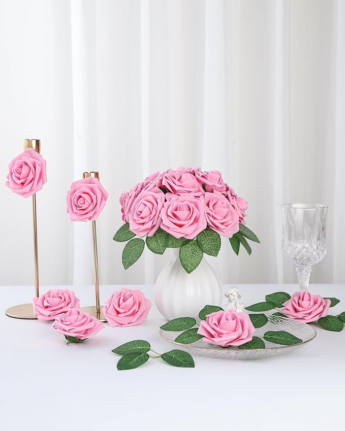 DuHouse 50Pcs Artificial Roses Flowers Fake Roses with Stems Real Touch Foam Flowers for DIY Wedding Bouquet Baby Shower Centerpiece Floral Arrangement Party Home Decor(Pink)