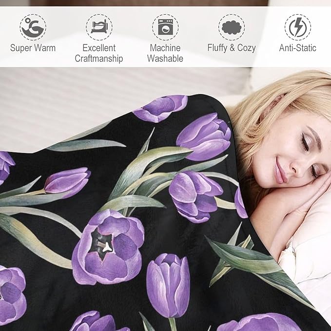 Purple Tulip Blanket Flower Gifts for Girls Women Tulip Floral Throw Blanket for Kids Adults Soft Warm Cozy Fleece Blanket for Couch Sofa Bed 60"x80"