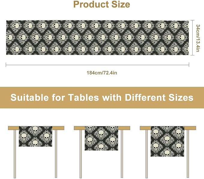 Gothic Table Runner,Dark Skull Pattern Table Runner for Home Kitchen Table Dining Garden Farmhouse Wedding Party Deco 13x120 Inch