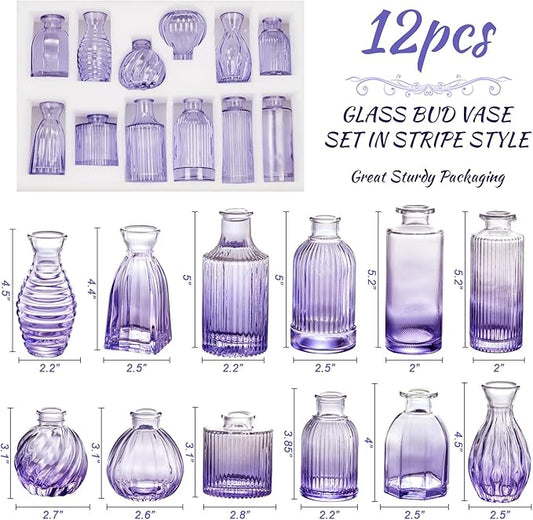 Glass Bud Vases Set of 12, Small Purple Vase Glass Vases for Flowers Modern Ribbed Colored Bud Vase for Decor Wedding Flower Vase in Bulk Vintage Decor Bridal Shower Centerpieces Home Table Decoration
