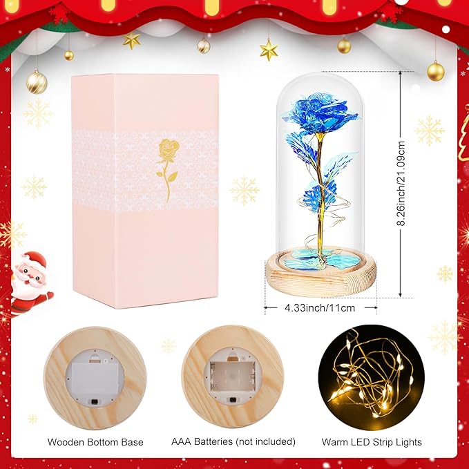 Beferr Mom Birthday Gifts for Women, Galaxy Glass Rose Forever Preserved Flowers for Delivery Prime Light Up Rose in Glass Dome Christmas Rose Gifts for Her Wife Daughter Friends, Blue