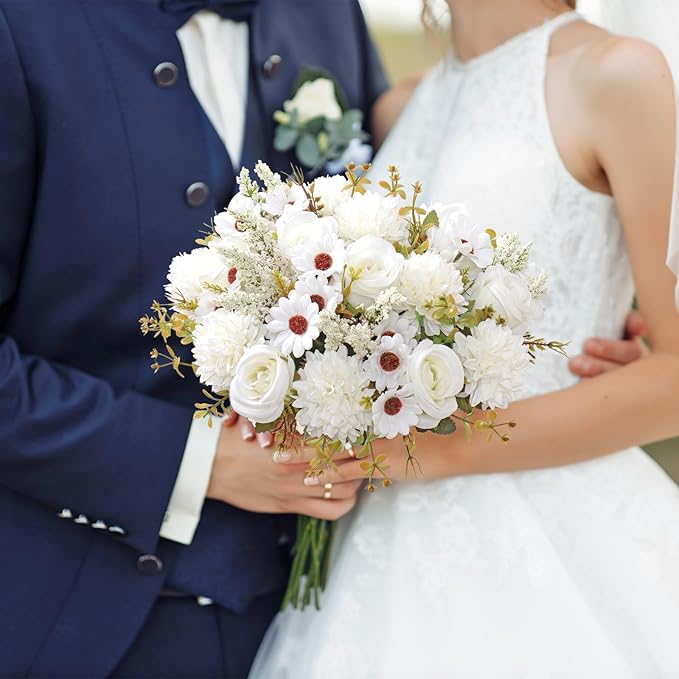 Dremisland Artificial Flowers Like Real Artificial Bouquet 4 Packs Silk Artificial Roses Bouquet with Daisy Chrysanthemum White Flowers for Centerpiece Table Wedding Party Home Decor