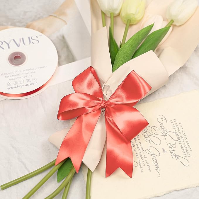 Coral Satin Ribbon, Double Faced 1-1/2 Inch X 50 Yards Coral Ribbon, for Gift Wrapping, Crafts, Hair Bow Making, Sewing, Flower Bouquet, Wedding Party Decor