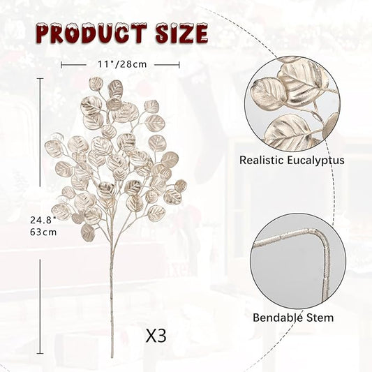 Hollyone 24.8” Christmas Tree Picks and Sprays 3Pcs Champagne Artificial Eucalyptus Stems Eucalyptus Silver Dollar Leaves Branches Floral for Xmas Tree Garland Wreath Centerpieces Wedding Decor