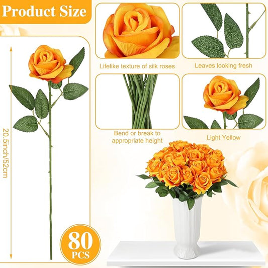 80 Pcs Roses Artificial Flowers, Silk Gradient Yellow Artificial Flowers Petals Long Stem Roses for Wedding Bouquet Home Party Decor