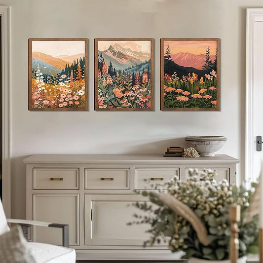 Colorful Nature Floral Wall Art Set of 3 12x16in Wood Framed, with 9 Bonus 8x10in Poster Art Prints, Boho Retro Wildflower Landscape Artwork Wall Decor for Living Room Bedroom Home Decor