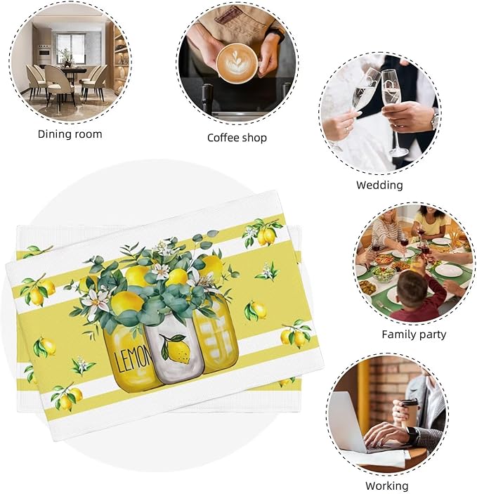 Lemon Kitchen Table Placemats Set of 4 Retro Country Floral Plant Print Placemat Indoor Outdoor Party Home Desktop Dining Room Decor 12x18 Inch