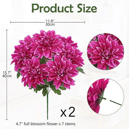 Hollyone 2Pcs Purple-Pink Artificial Dahlia Flowers with Stem Bushes 7 Heads Silk Fake Dahlias Flowers Wedding Bouquets Faux Dahlia Flower Floral Arrangements for Party Table Centerpieces Home Decor
