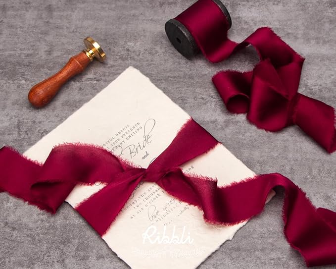 Ribbli Burgundy Silk Satin Ribbon 1.5 Inch x 30 Yard Handmade Frayed Chiffon Wine Red Ribbon for Gift Wrapping Wedding Invitations Bridal Bouquets Home Decor