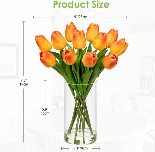 DILATATA 12 Pcs Artificial Real Touch Orange Tulips in Glass Vase with Faux Water, Small Tulip Arrangement for Wedding, Table Centerpieces, Home Decor