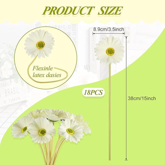 WILLBOND 18 Pieces Artificial Gerbera Daisies Flowers Fake Daisy Faux Boho Daisy Flowers Bouquet 15 in for Boho Birthday Decorations Wedding Home Decor (White)