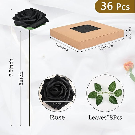 BLEUM CADE 36Pcs Artificial Flowers Fake Roses with Stems, Black Boxed Foam Roses for DIY Bouquets Centerpieces Wedding Party Arrangement Bridal Shower Decor