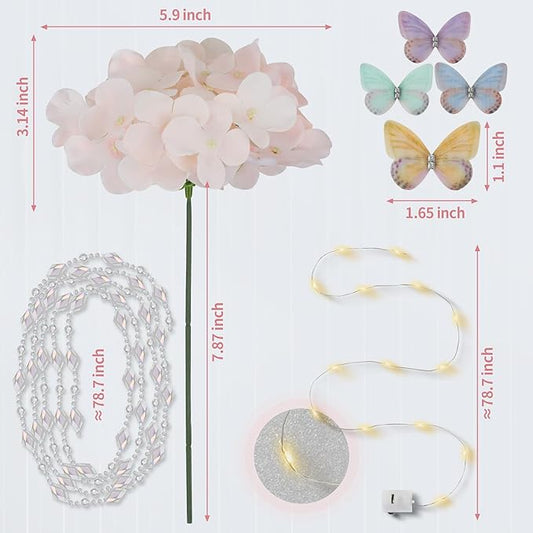 64PCS Artificial Hydrangea Flowers with Stems, Silk Hydrangea Heads with LED Decorative Lights, Crystal Strings & Butterfly Accents for Wedding Centerpieces and Home Decor(64, Pink)