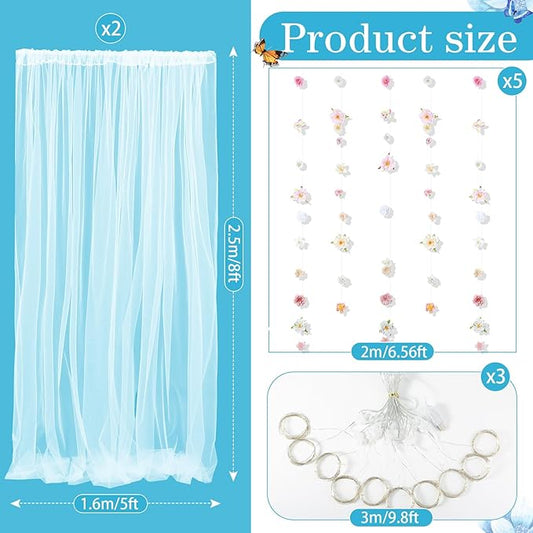 8 Pcs Hanging Flower Garlands White Tulle Backdrop Curtain 10×8ft Sheer Backdrop Curtains Artificial Rose Flowers Hanging Decorations for Birthday Valentines Engagement Wedding Anniversary
