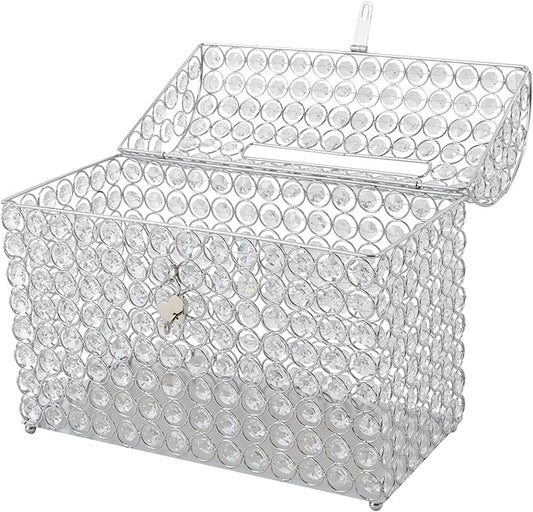 Crystal Wedding Card Box With Heart Lock Silver Treasure Chest Money Card Box Gift Decorative Memory Box for Wedding Birthday Graduation Party Decoration