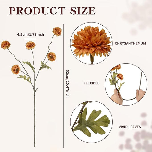 DuHouse 6pcs Artificial Flowers Faux Silk Pompon Mum,Silk Small Mini Chrysanthemum Ball with Stems for DIY Wedding Bouquets Centerpieces Vase Home Table Kitchen Decorations(Burnt Orange)