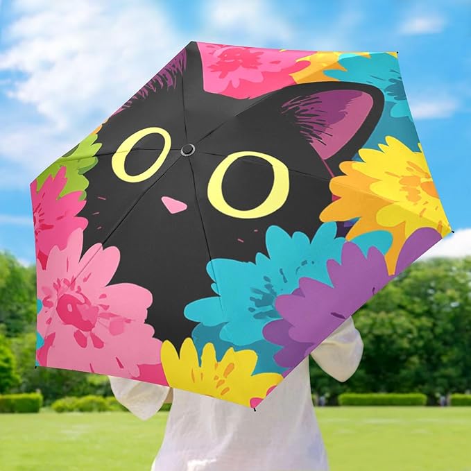 JIPONI Mini Travel Umbrellas for Rain Cute Cat Floral, Small Umbrella Compact Waterproof Anti-UV Protection Lightweight Portable