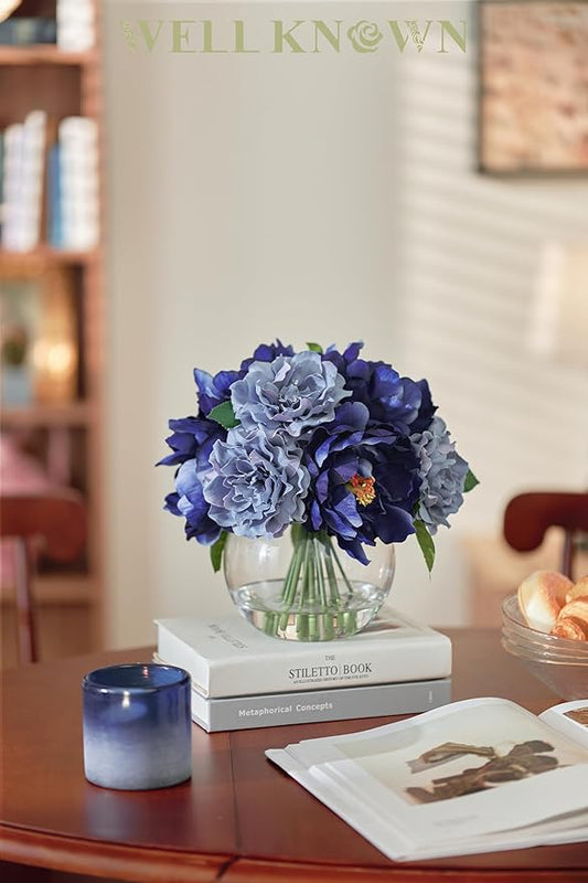 Artificial Flowers in Vase, Artificial Peonies for Vase with Faux Water, Silk Fake Flower Arrangements for Fall Winter Wedding Home Coffee Table Decor Thanksgiving Centerpieces (Blue)