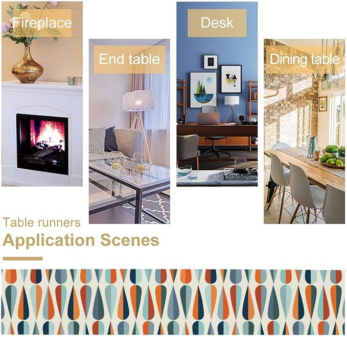 Mid Century Modern Table Runner Retro Blue Orange Grey Water Droplets Geometric Table Runner for Kitchen Dining Room Dining Table Decoration 13x60in