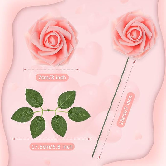 100 Pieces Artificial Foam Rose Flowers Faux Bouquet with Leaves and Stems for DIY Wedding Bouquets Centerpieces Bridal Shower Party Valentine Home Decorations(Pink, Champagne)