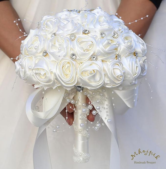 Bridal Wedding Bouquet Round Bling Brooch Bouquet Throw Toss Artificial Rose Flower Bunch for Bride Bridesmaid Wedding Quinceanera(Ivory, 9.8")