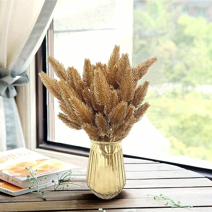 CATTREE Artificial Gold Plants Plastic Fake Grass Faux Shrubs Simulation Bushes Home Indoor Outdoor Garden Leaves Wedding Festival Decoration Hall Table Planter Filler Pine Cones Golden - 3 Pack