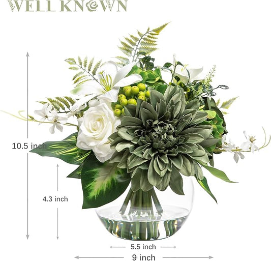 Artificial Flowers in Vase with Fake Water, Silk Rose Dahlia Lily Flowers Bouquet with Glass Vase for Home Birthday Party Wedding Dinning Table Office Hotel Decor Gift (Green & White Mixed)