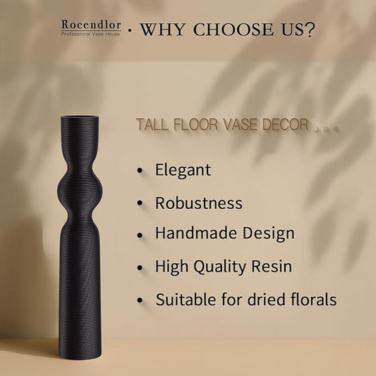 Black Floor Vase, 23.62'' Tall Vases, Ideal for Dried Flowers/Standalone Home Decor, Modern Curved Silhouette for Living Room/Entryway, Resin Tall Floor Vase