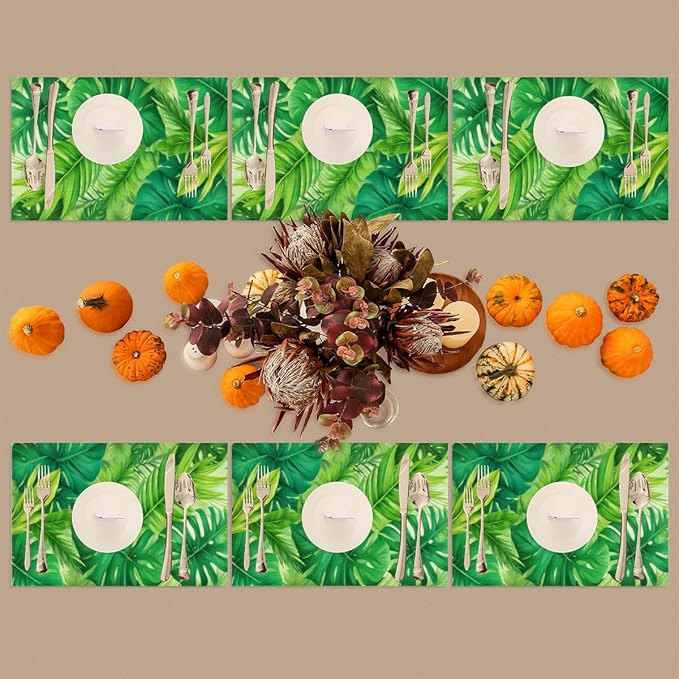 Green Summer Palm Leaf Placemats Set of 4 PVC Vinyl Non Slip Table Mats Waterproof Heat Resistant Place Mats Washable Wipeable Dining Table Mat for Kitchen Party Indoor Outdoor Decorative