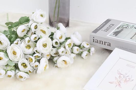 Ranunculus Artificial Flowers 5PCS Faux Peonies White Silk Ranunculus Flowers with Stems 21.65" Real Look Fake Flowers Bulk for DIY Wedding Bridal Shower Table Centerpieces Home Decor(White)