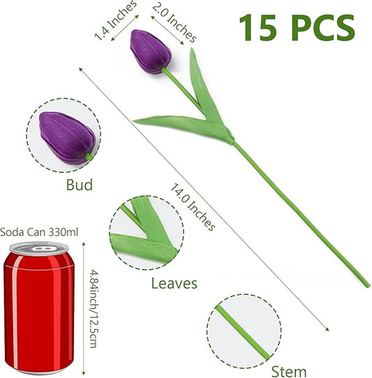 SITUMEIZI 15pcs Tulips Fake Artificial Flowers Real Touch 14" Silk Flower for Home Decor Easter Spring Wedding Bouquet Decorations Mother's Gift Day Floral Arrangements(Deep Purple)