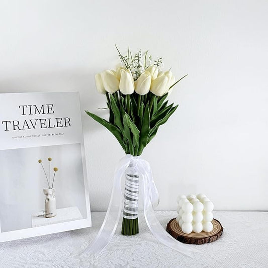 Artificial Floral Tulip Bouquet 20pcs Artificial Tulip Flowers,Bridesmaid Bouquet with Wedding Ceremony Festivals Anniversary Bridal Rehearsal Party Bar Table Decor(Cream)
