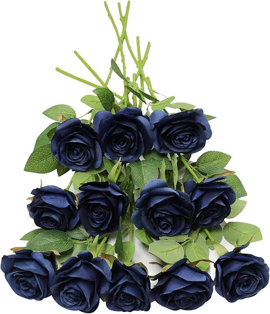 Artificial Rose Flower Artificial Flowers Flower with Long Stem Silk Roses Bouquet for Wedding Bridal Shower Party Home Decoration (Navy Blue, 30 Pcs)