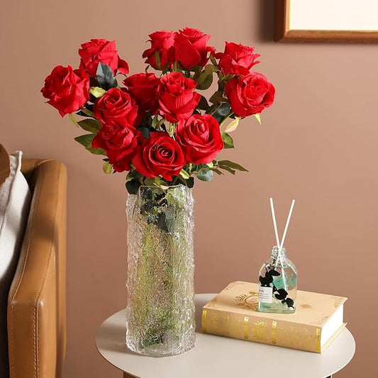 Kisflower 8 Pcs Red Roses Artificial Flowers with Stems Silk Roses Fake Rose Realistic Flower Bouquet for Wedding Party Office Home Decor (Red)