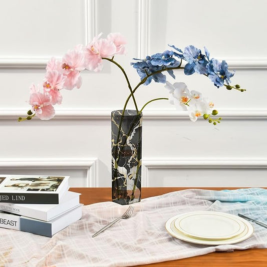 Flower Vase for Centerpieces, Black White Gold Marble Print Plastic Cylinder Vase, Clear Bud Vases for Home Wedding Office Table Decor