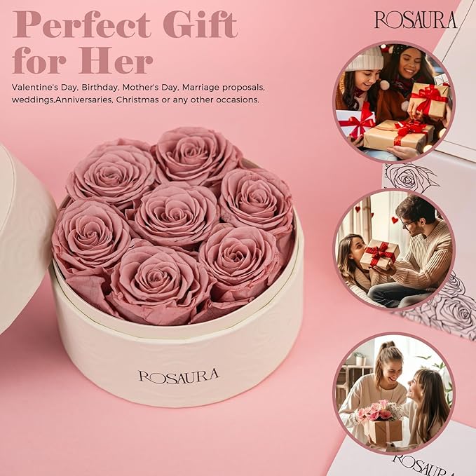 Rosaura Round Preserved Roses Gift Box - Real Forever Flowers for Birthday, Valentine's & Mother's Day (Cappuccino, 7 Roses)
