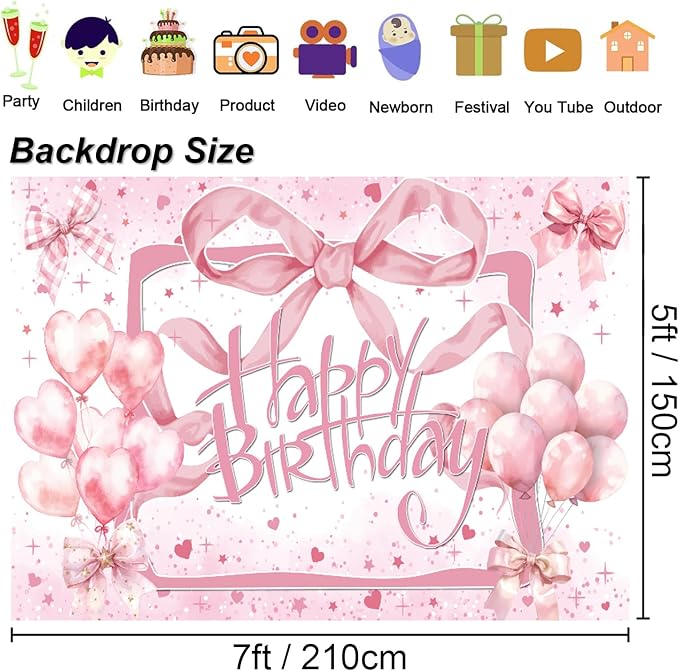 Coquette Pink Bow Happy Birthday Backdrop - Glitter Balloon Banner for Girls & Women - Cute Birthday Party Decorations, Bachelorette Photo Background & Wall Decor 7x5ft