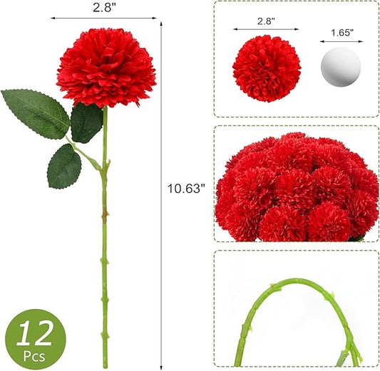 SITUMEIZI 12 Pcs Red Flowers Artificial Chrysanthemums Ball Flower Fake Mums Silk for Spring Wedding Home Kitchen Christmas Decoration Floral Arrangement Table Centerpiece