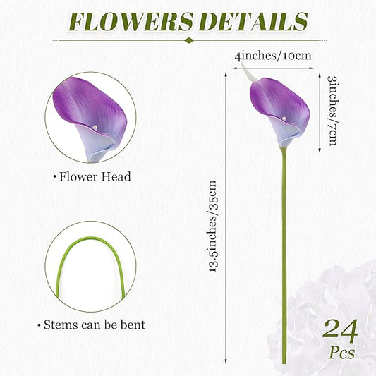 24 Pcs Purple Artificial Calla Lily Flowers Fake Purple Silk Flowers Real Touch for Wedding Bouquet Office Home Kitchen Decor