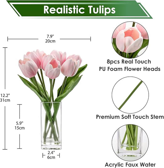Briful Fake Flowers Artificial Tulip Flower Pink in Clear Vase, Real Touch Foam Tulip Arrangement Suitable for Home Office Decoration, Dining Table Centerpiece
